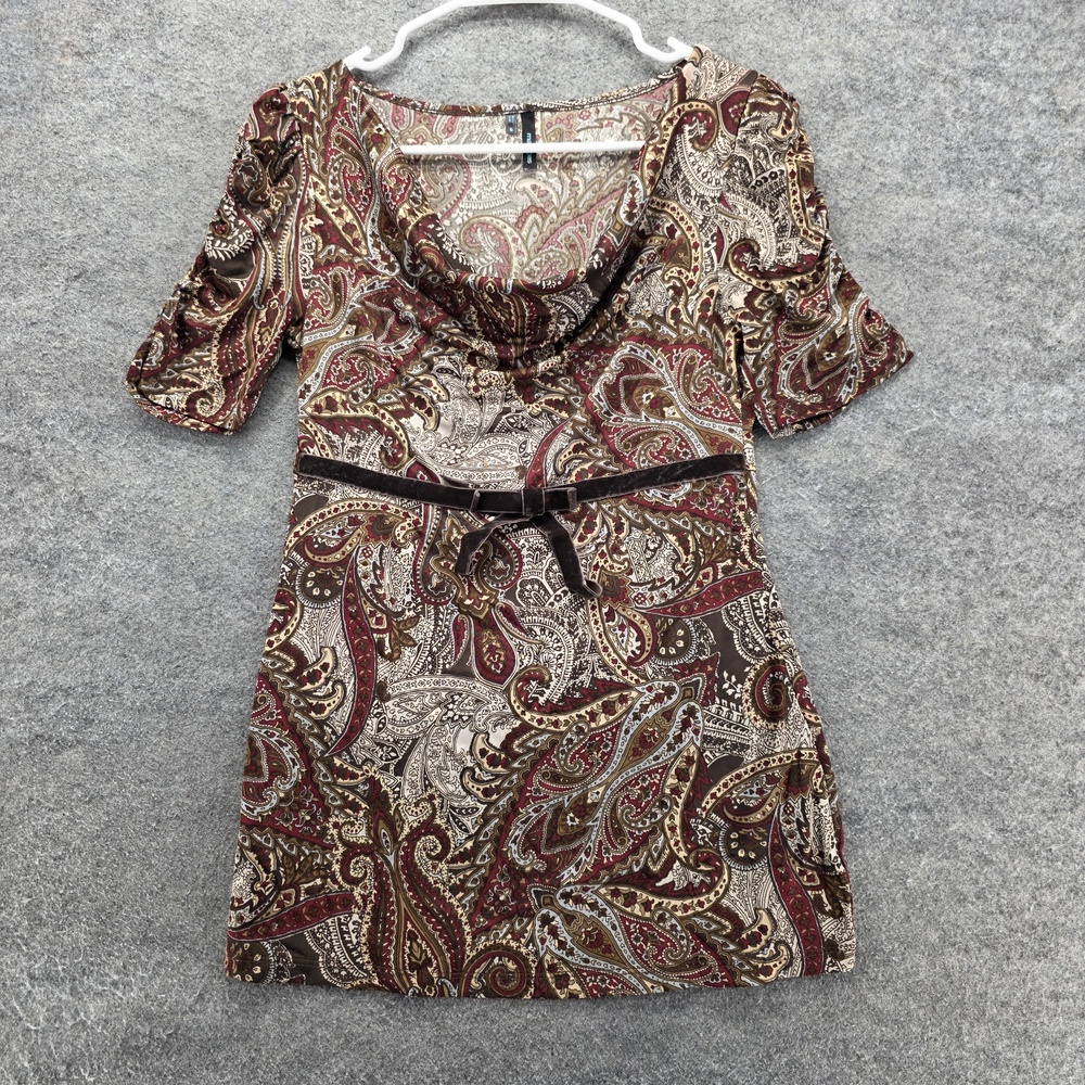 Maurices Dress Womens Small Brown Red Paisley Stretch Belted Short Sleeve Boho
